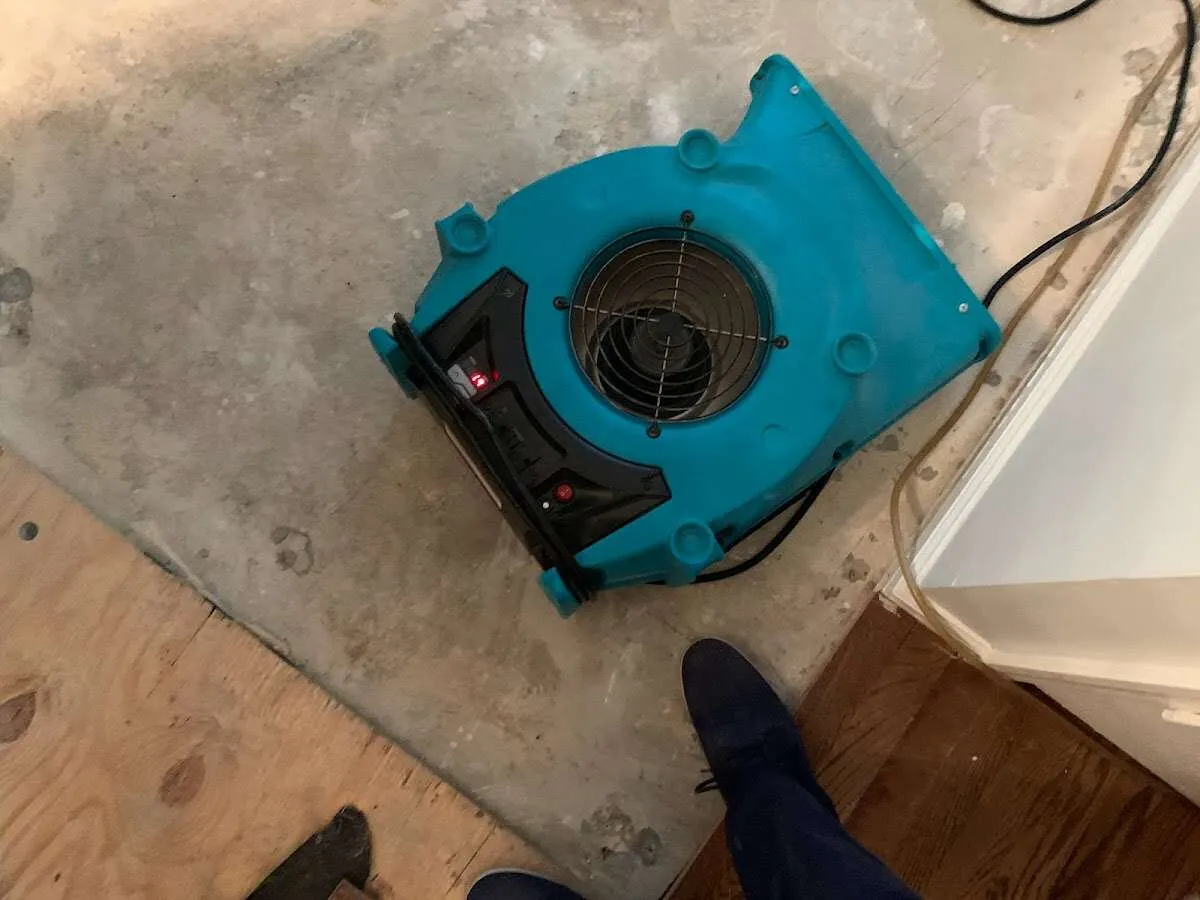 Air mover drying subfloor during Commercial Water Damage Restoration in Fitzgerald